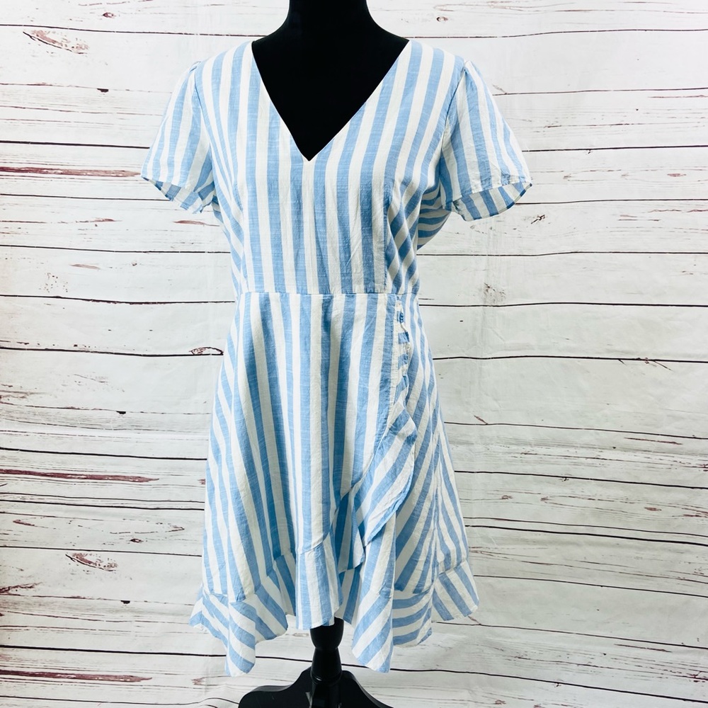 J.‎ Crew Dress Women’s 10 Blue/White Faux Wrap Striped 100% Cotton Short Sleeves
